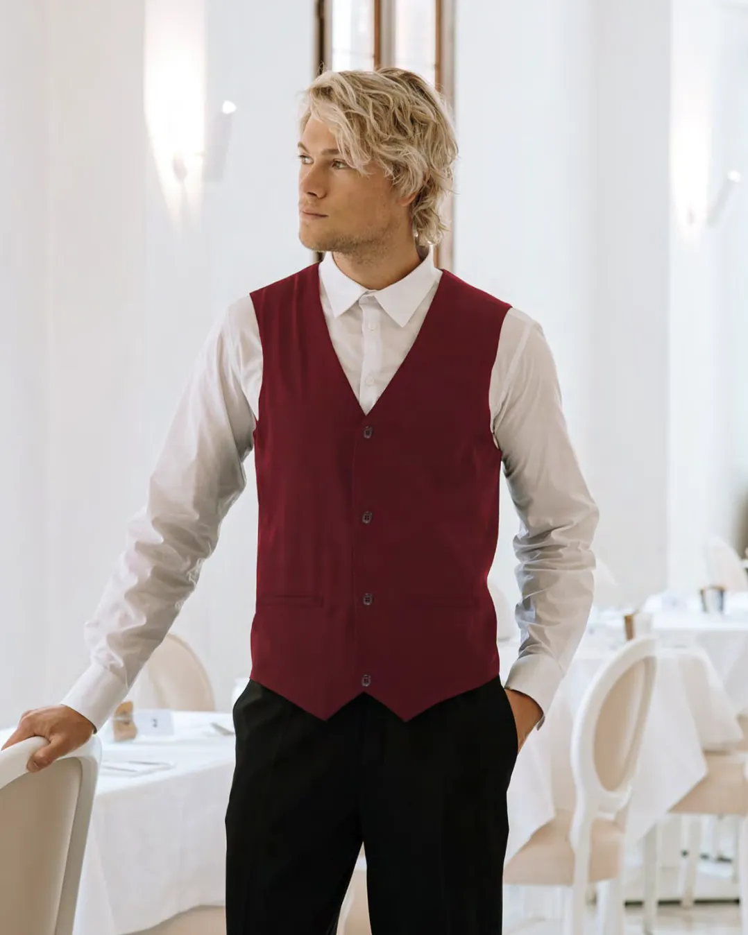 Burgundy waistcoat and white shirt