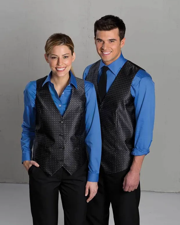 Patterned waistcoats with blue shirts