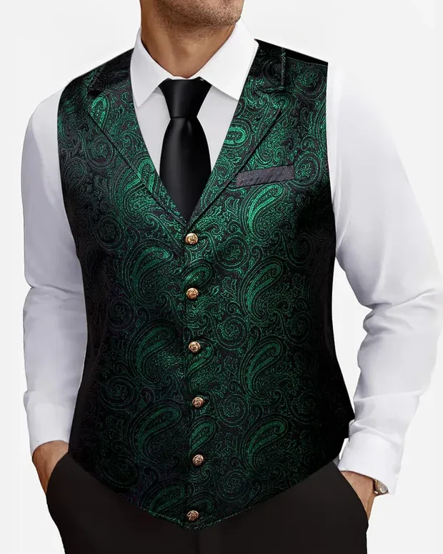 Green jacquard waistcoat with a tie