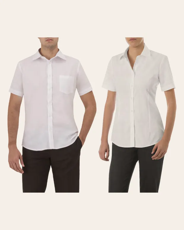 White short-sleeve shirts, men’s and women’s