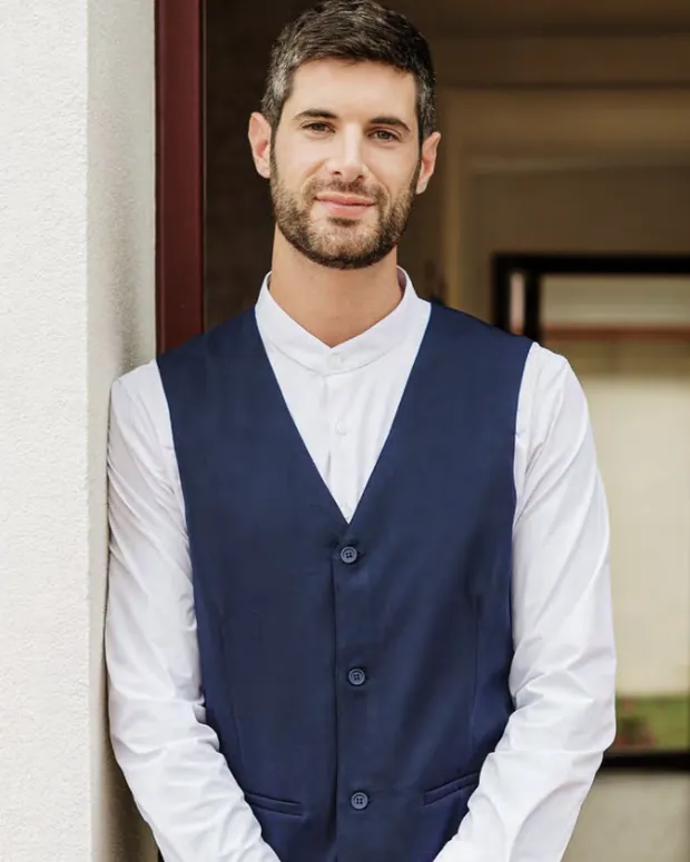 Men’s navy waistcoat with a white shirt